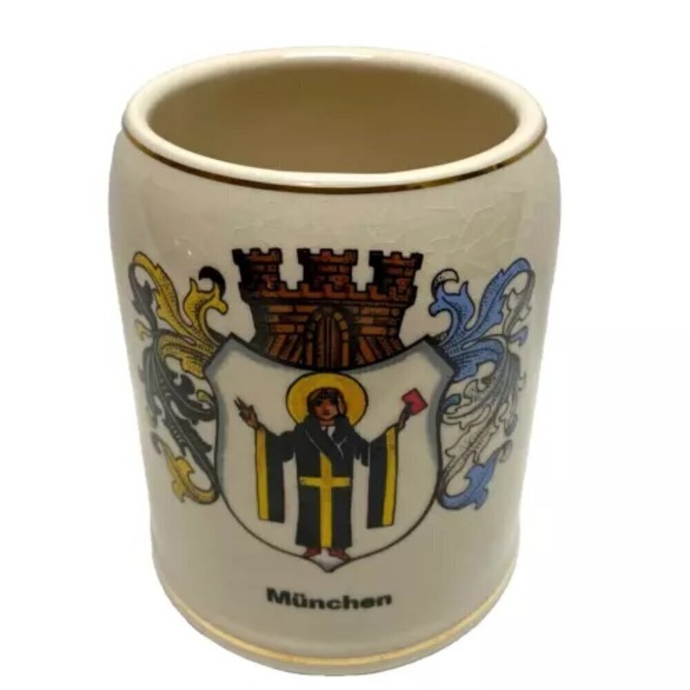 Germany Beer‎ Stein Mug Munchen Hand Painted A. Wilhelm Drinking Glass Vintage